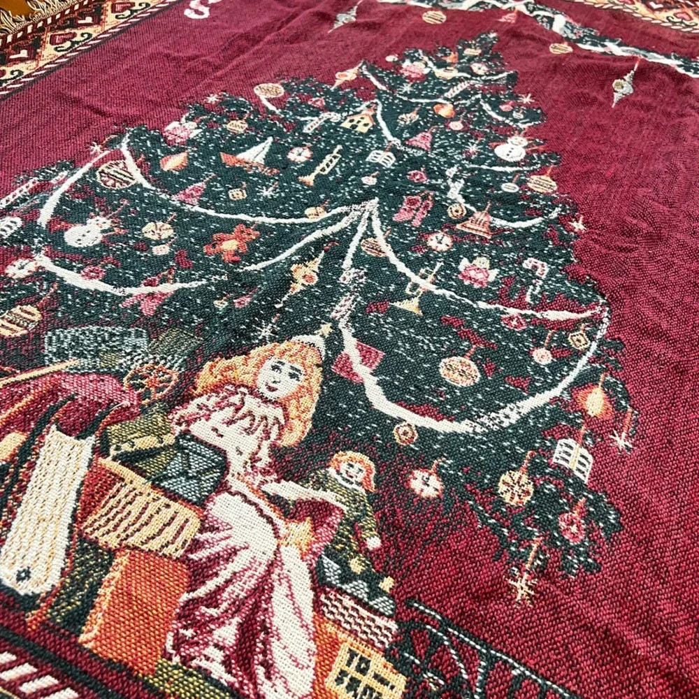 Crown Crafts Christmas Tree Woven Tapestry Throw Blanket Burgundy Cotton USA